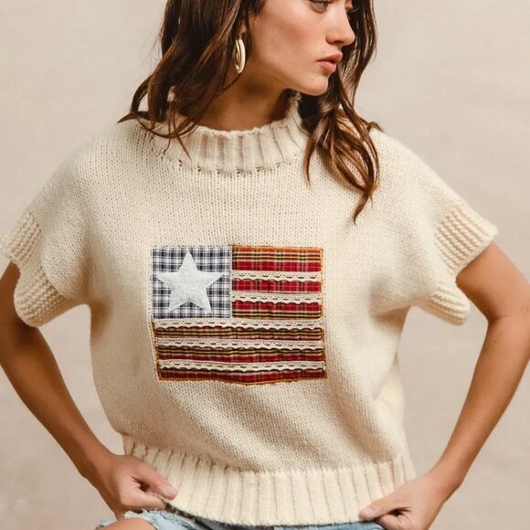 BiBi American Flag Patchwork Drop Shoulder‎ Sweater - Picture 9 of 15